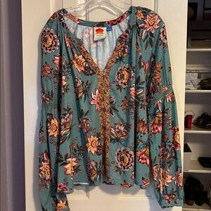 FARM Rio Teal Blouse with Pink and Orange Floral Design